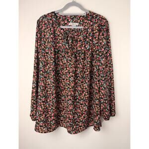 LOFT Plus Floral Peasant Blouse Black Long Sleeve Tie Neck Size 20W Top Spring